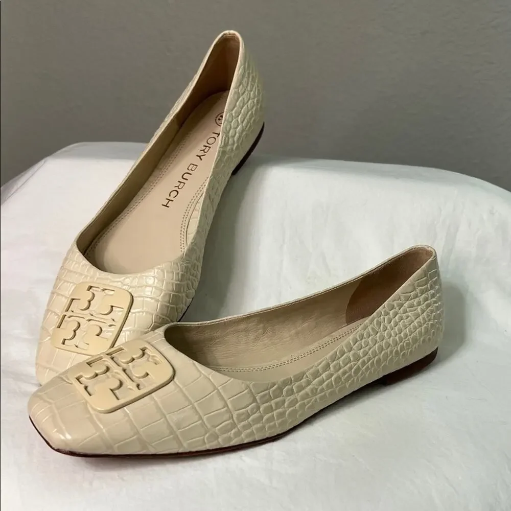 NWOB TORY BURCH GEORGIA CROC-EMBOSSED LEATHER BALLET IN CREAM Size 10